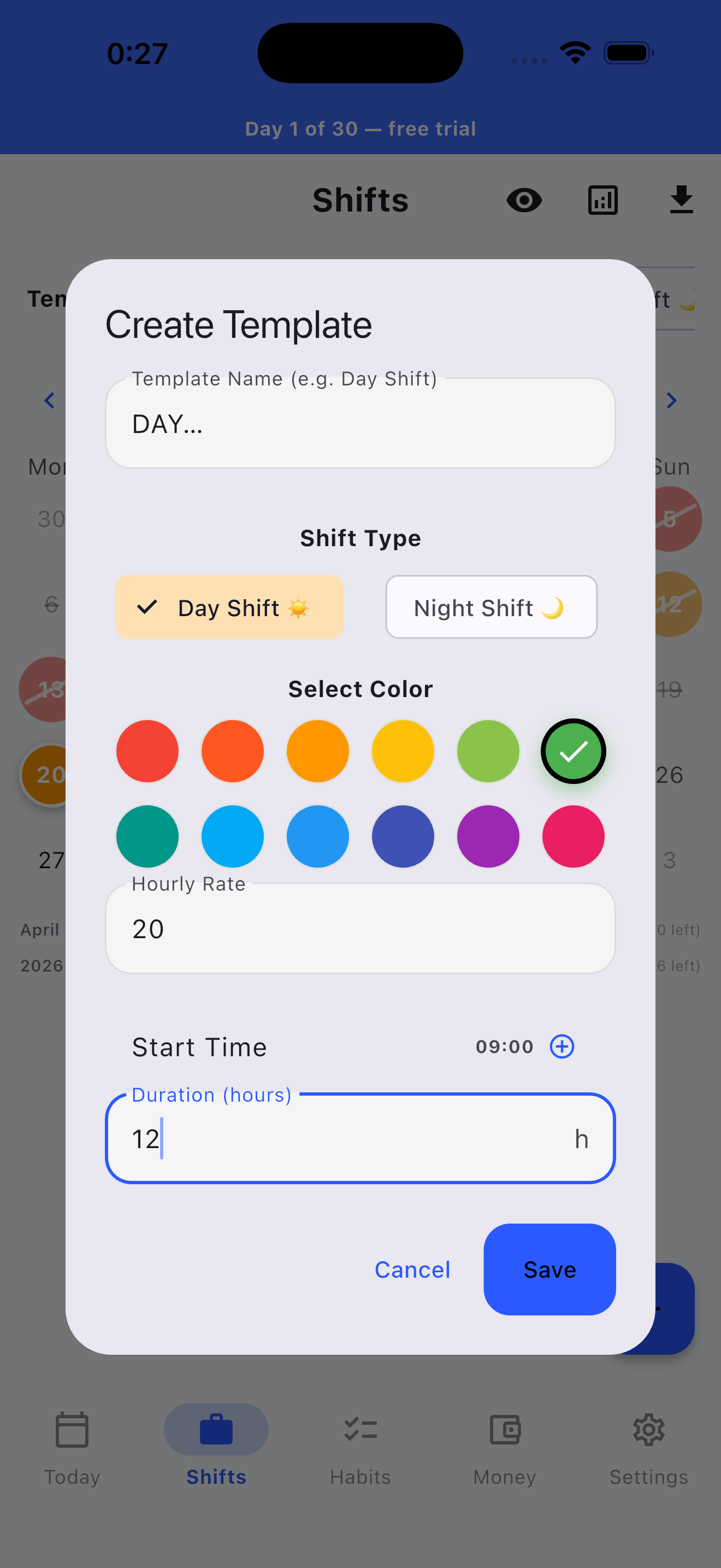 Shift template creation screen